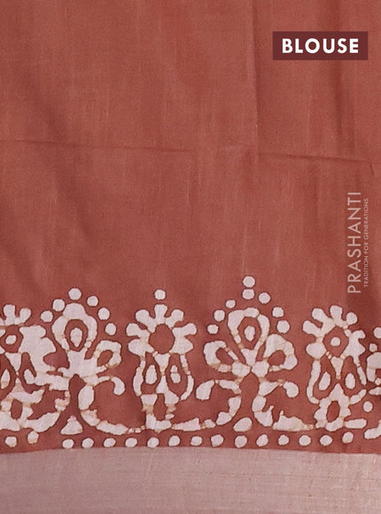 Linen cotton saree brown shade with allover batik butta prints and silver zari woven border