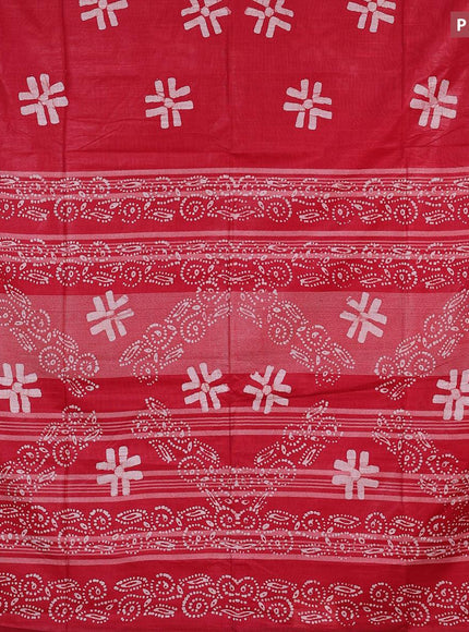 Linen cotton saree red with allover batik butta prints and silver zari woven border