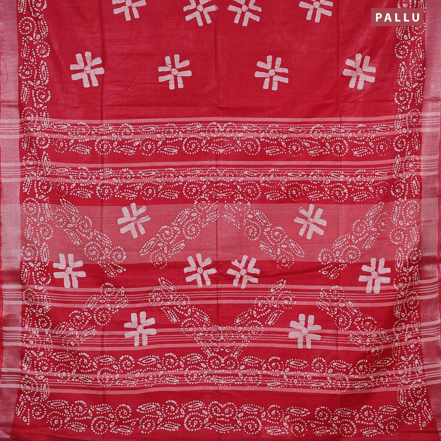 Linen cotton saree red with allover batik butta prints and silver zari woven border