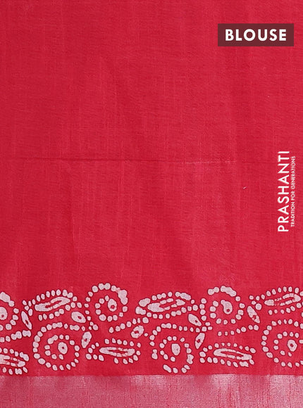 Linen cotton saree red with allover batik butta prints and silver zari woven border