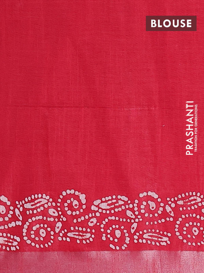 Linen cotton saree red with allover batik butta prints and silver zari woven border