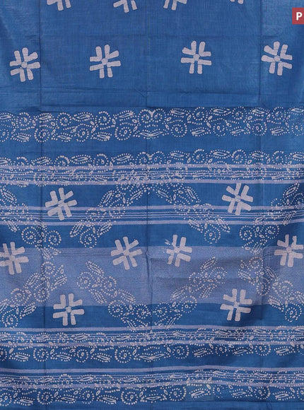 Linen cotton saree cs blue with allover batik butta prints and silver zari woven border