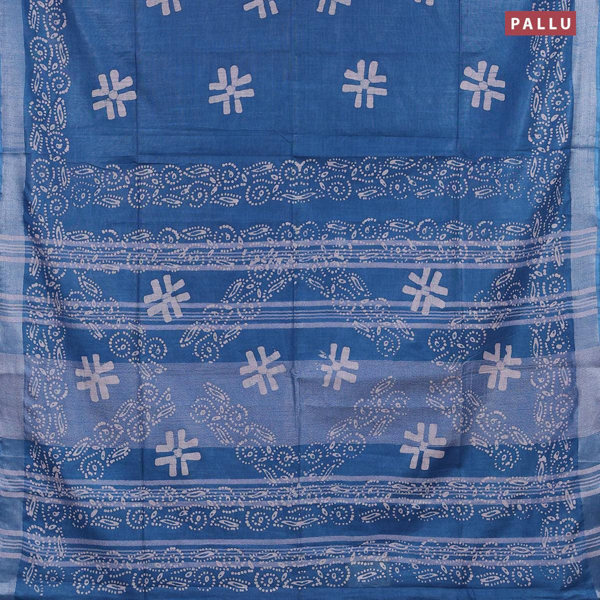 Linen cotton saree cs blue with allover batik butta prints and silver zari woven border