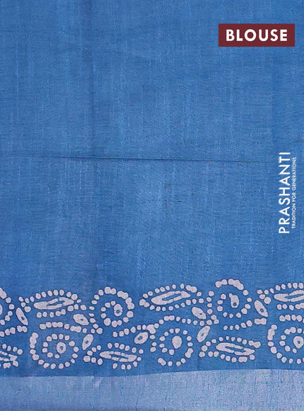 Linen cotton saree cs blue with allover batik butta prints and silver zari woven border