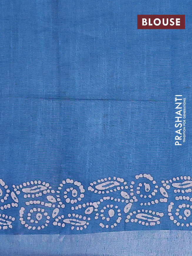 Linen cotton saree cs blue with allover batik butta prints and silver zari woven border