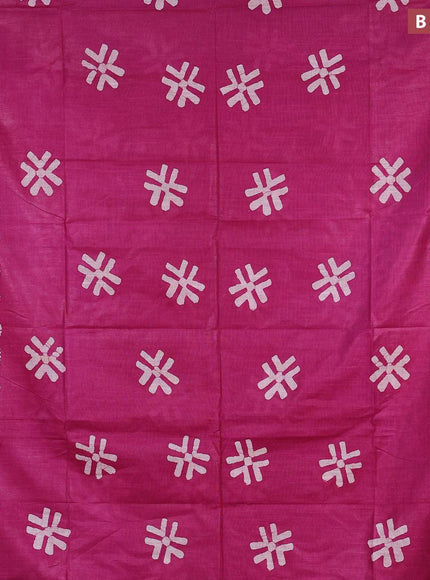 Linen cotton saree magenta pink with allover batik butta prints and silver zari woven border