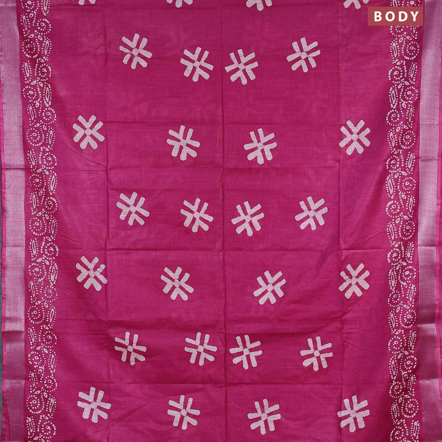 Linen cotton saree magenta pink with allover batik butta prints and silver zari woven border