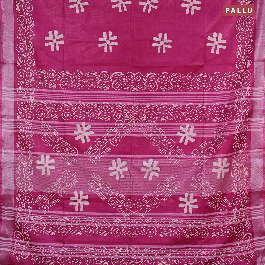 Linen cotton saree magenta pink with allover batik butta prints and silver zari woven border