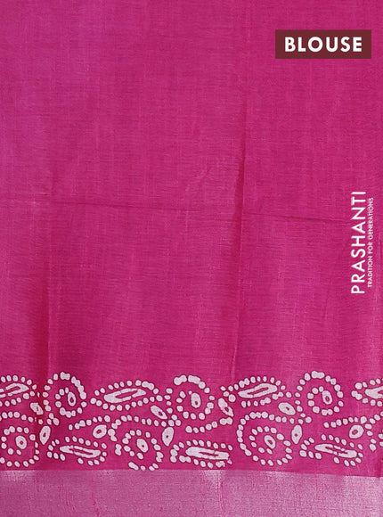 Linen cotton saree magenta pink with allover batik butta prints and silver zari woven border