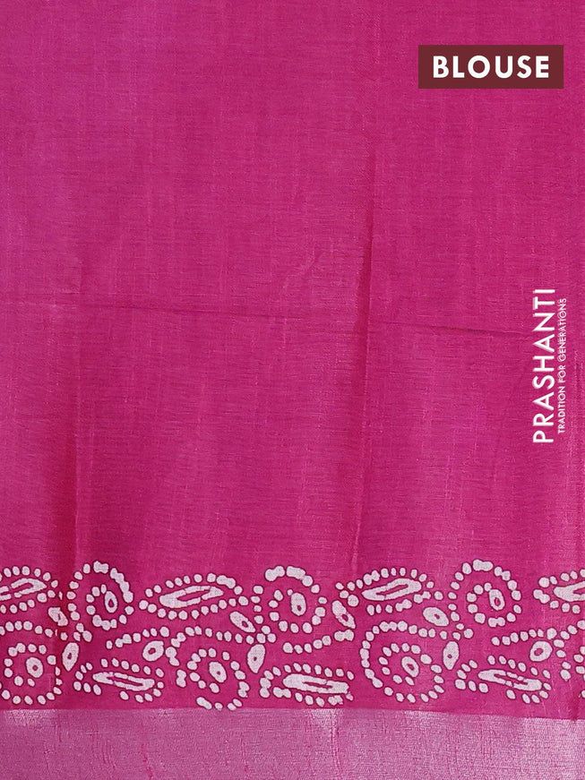 Linen cotton saree magenta pink with allover batik butta prints and silver zari woven border