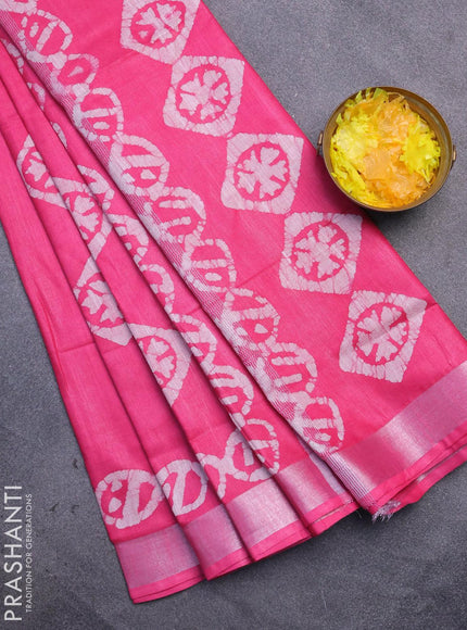 Linen cotton saree pink with allover batik butta prints and silver zari woven border