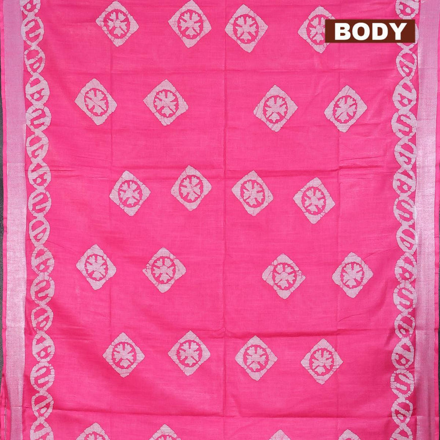 Linen cotton saree pink with allover batik butta prints and silver zari woven border