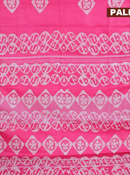 Linen cotton saree pink with allover batik butta prints and silver zari woven border