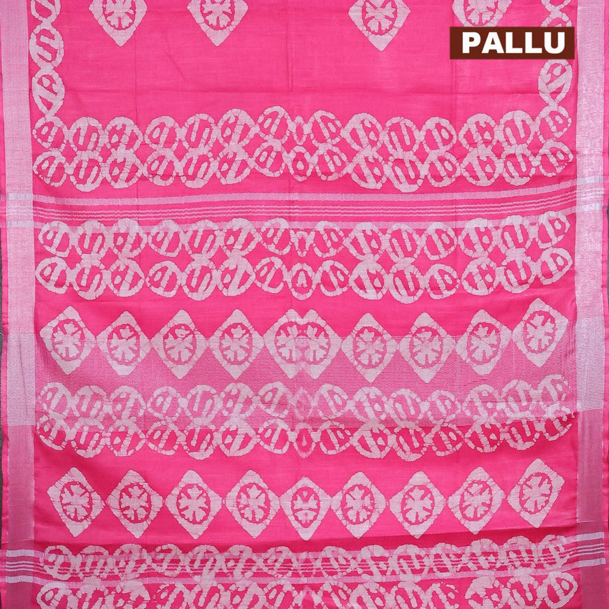 Linen cotton saree pink with allover batik butta prints and silver zari woven border