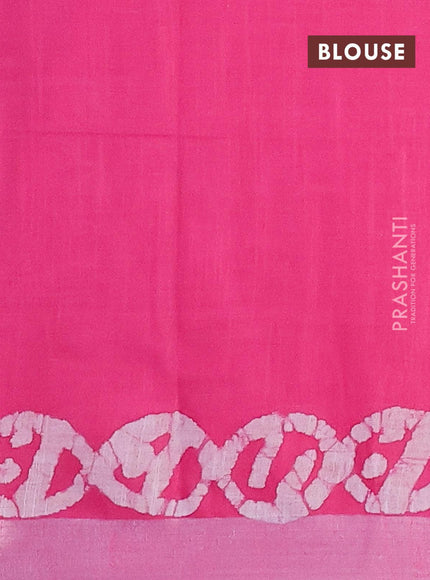 Linen cotton saree pink with allover batik butta prints and silver zari woven border