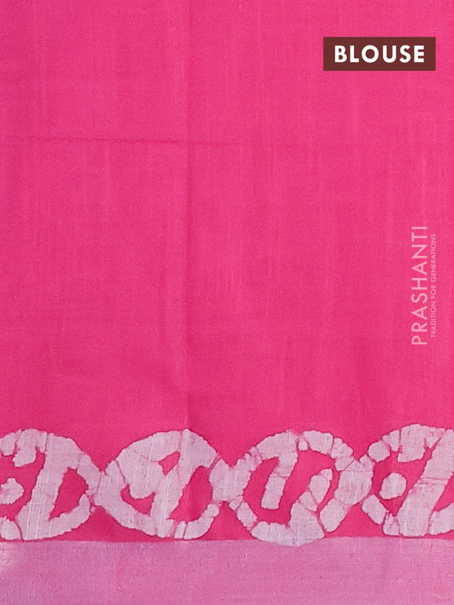 Linen cotton saree pink with allover batik butta prints and silver zari woven border