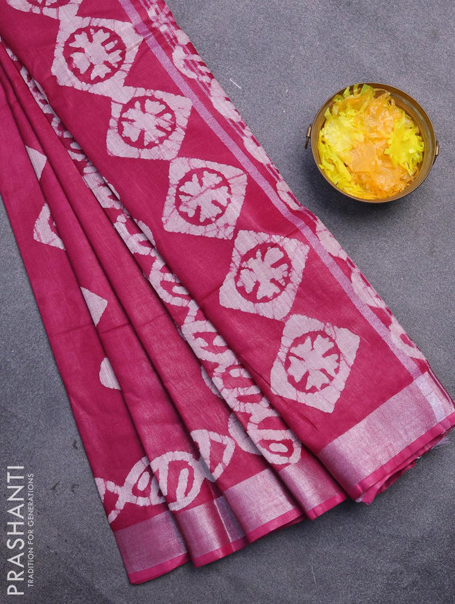 Linen cotton saree dark magenta with allover batik butta prints and silver zari woven border