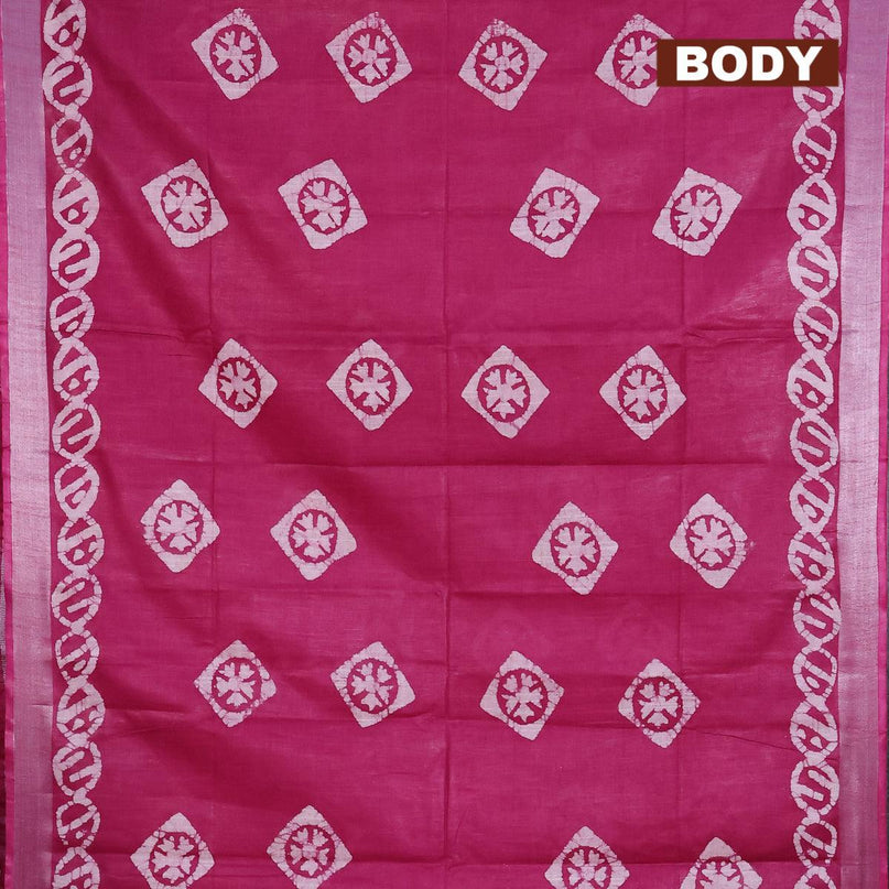 Linen cotton saree dark magenta with allover batik butta prints and silver zari woven border