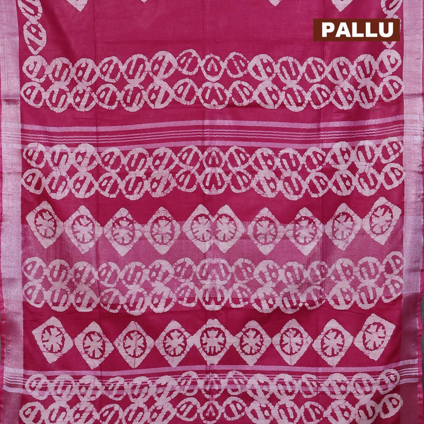 Linen cotton saree dark magenta with allover batik butta prints and silver zari woven border