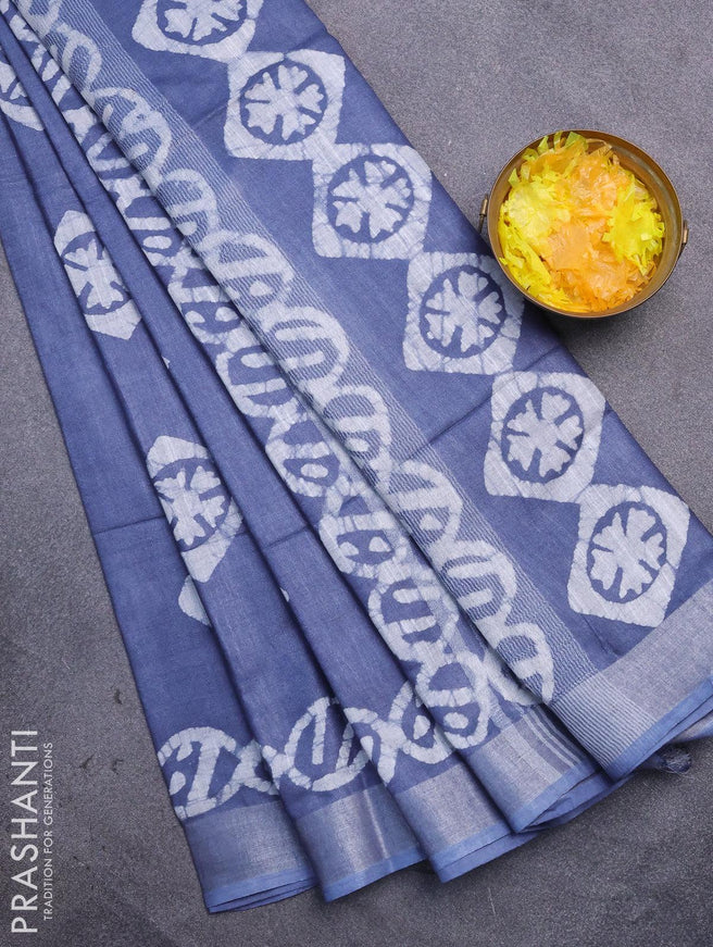 Linen cotton saree grey with allover batik butta prints and silver zari woven border