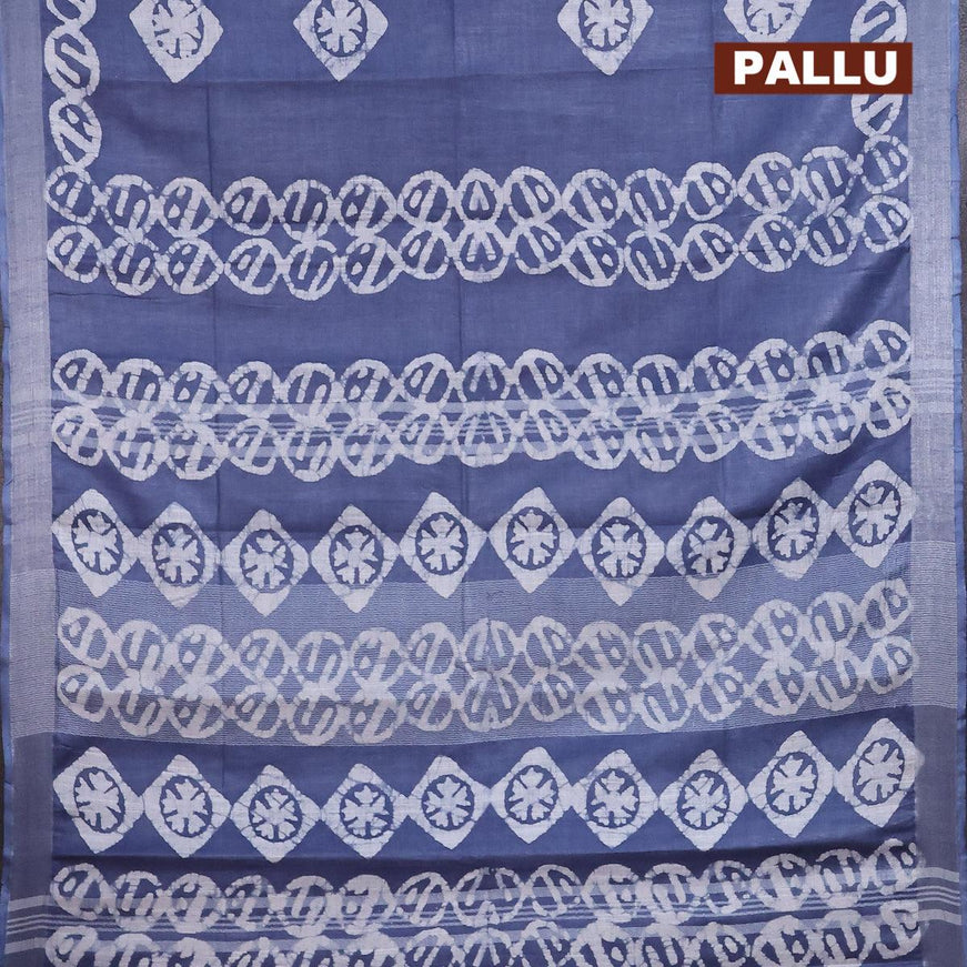 Linen cotton saree grey with allover batik butta prints and silver zari woven border