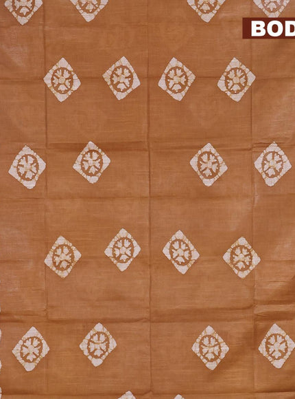 Linen cotton saree brown shade with allover batik butta prints and silver zari woven border