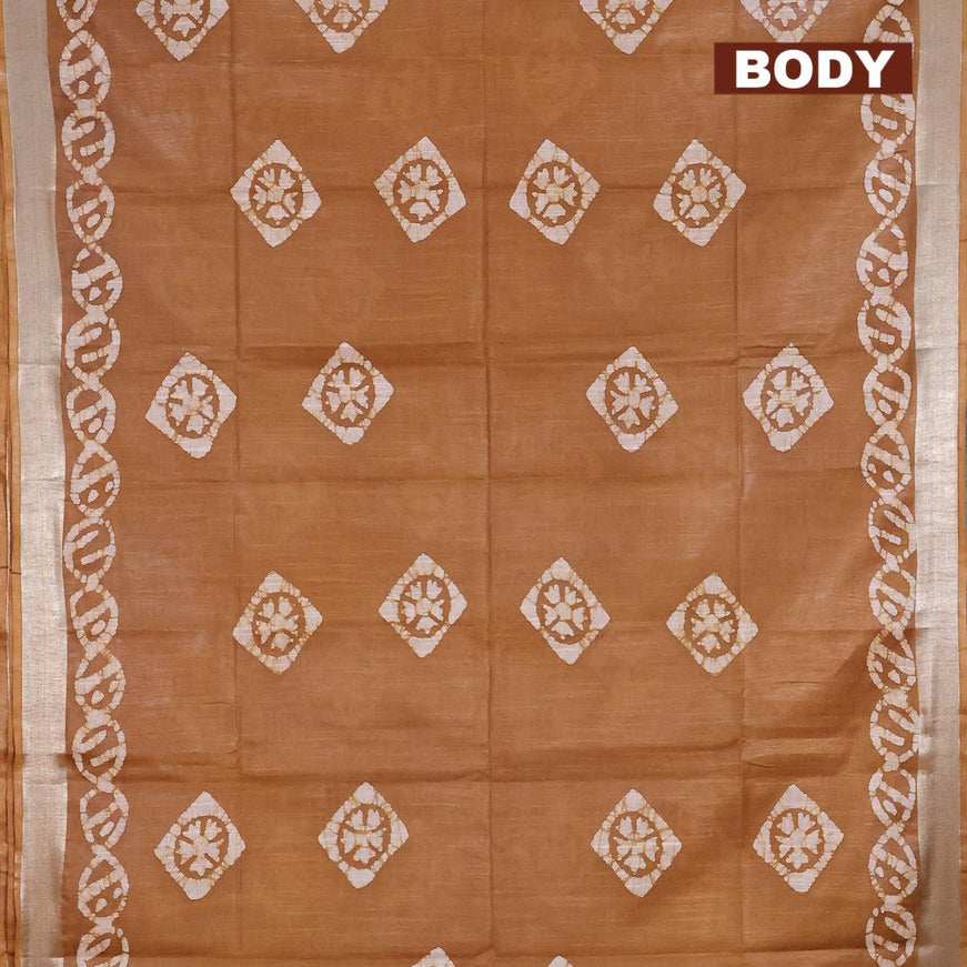 Linen cotton saree brown shade with allover batik butta prints and silver zari woven border