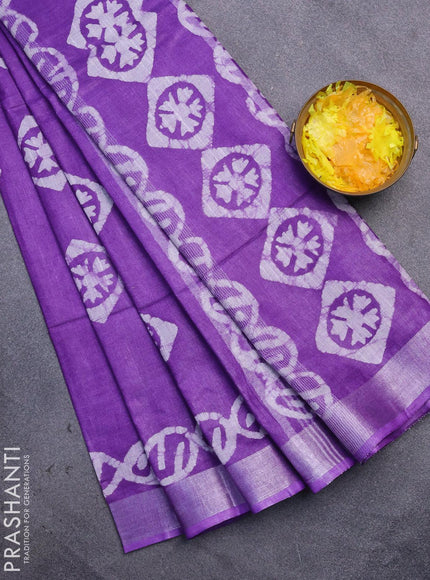 Linen cotton saree lavender shade with allover batik butta prints and silver zari woven border