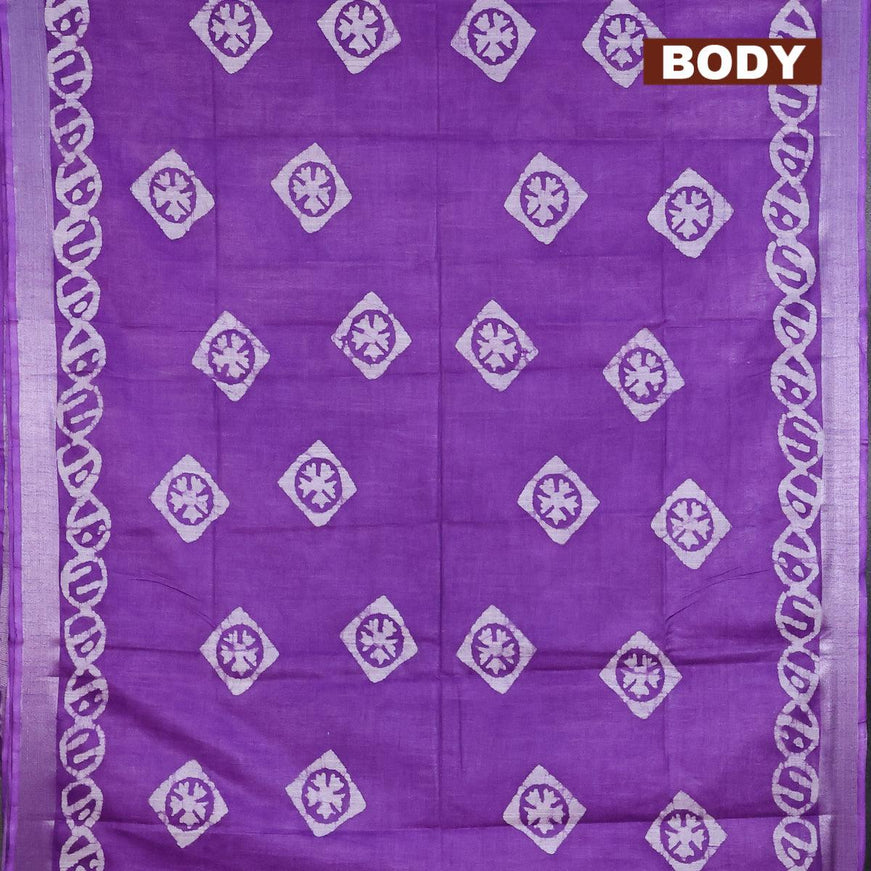 Linen cotton saree lavender shade with allover batik butta prints and silver zari woven border