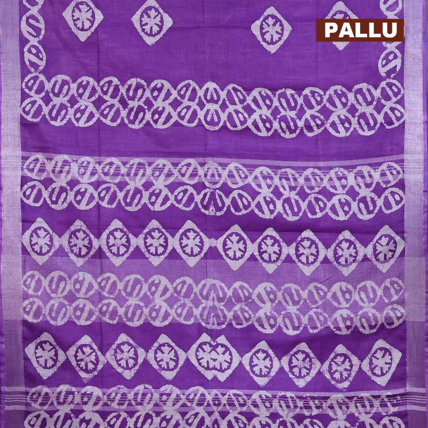 Linen cotton saree lavender shade with allover batik butta prints and silver zari woven border