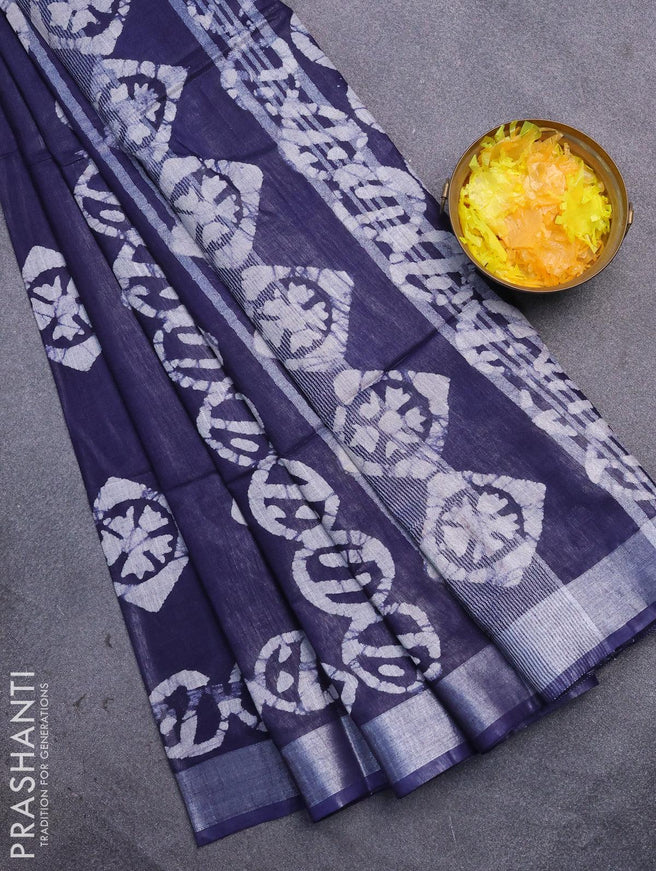 Linen cotton saree navy blue with allover batik butta prints and silver zari woven border