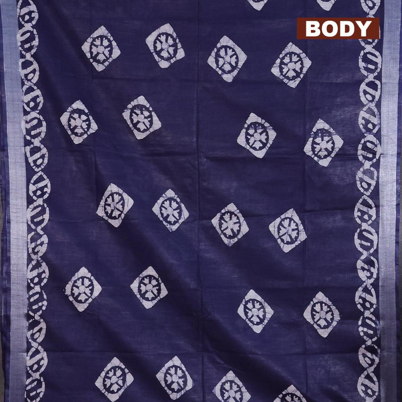 Linen cotton saree navy blue with allover batik butta prints and silver zari woven border