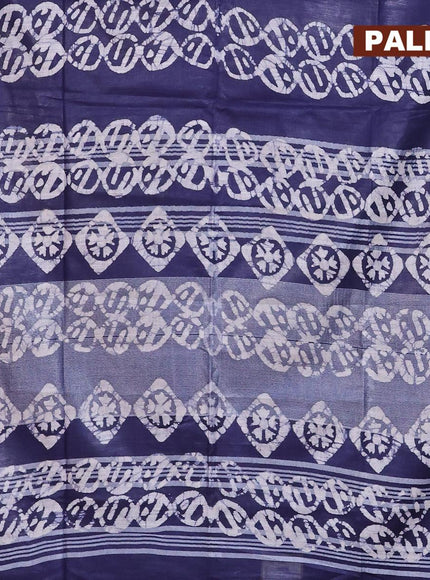 Linen cotton saree navy blue with allover batik butta prints and silver zari woven border