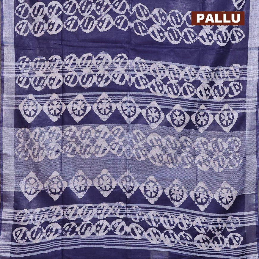 Linen cotton saree navy blue with allover batik butta prints and silver zari woven border