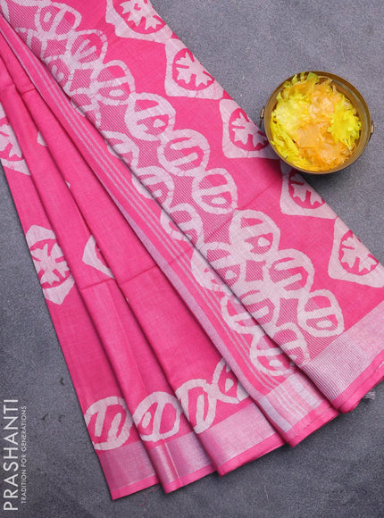 Linen cotton saree pink with allover batik butta prints and silver zari woven border