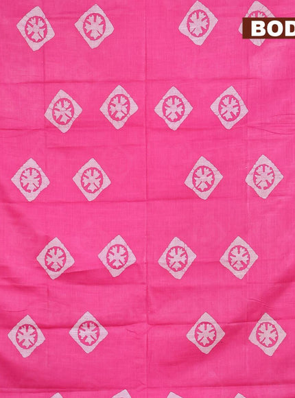 Linen cotton saree pink with allover batik butta prints and silver zari woven border