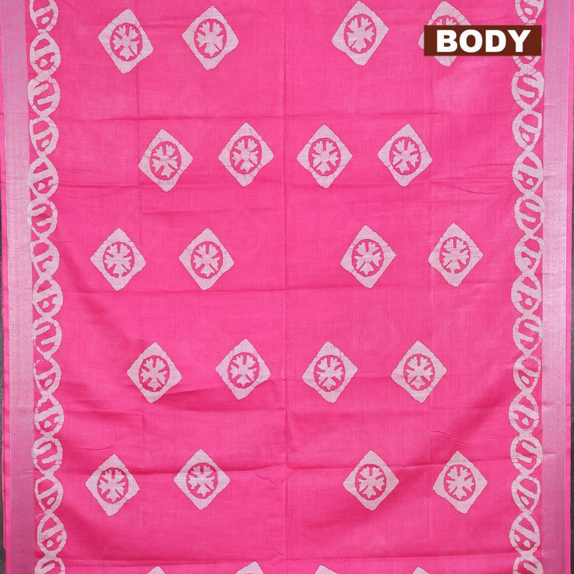 Linen cotton saree pink with allover batik butta prints and silver zari woven border