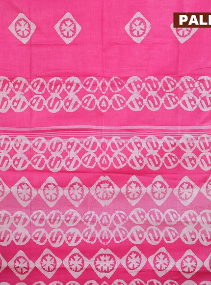 Linen cotton saree pink with allover batik butta prints and silver zari woven border