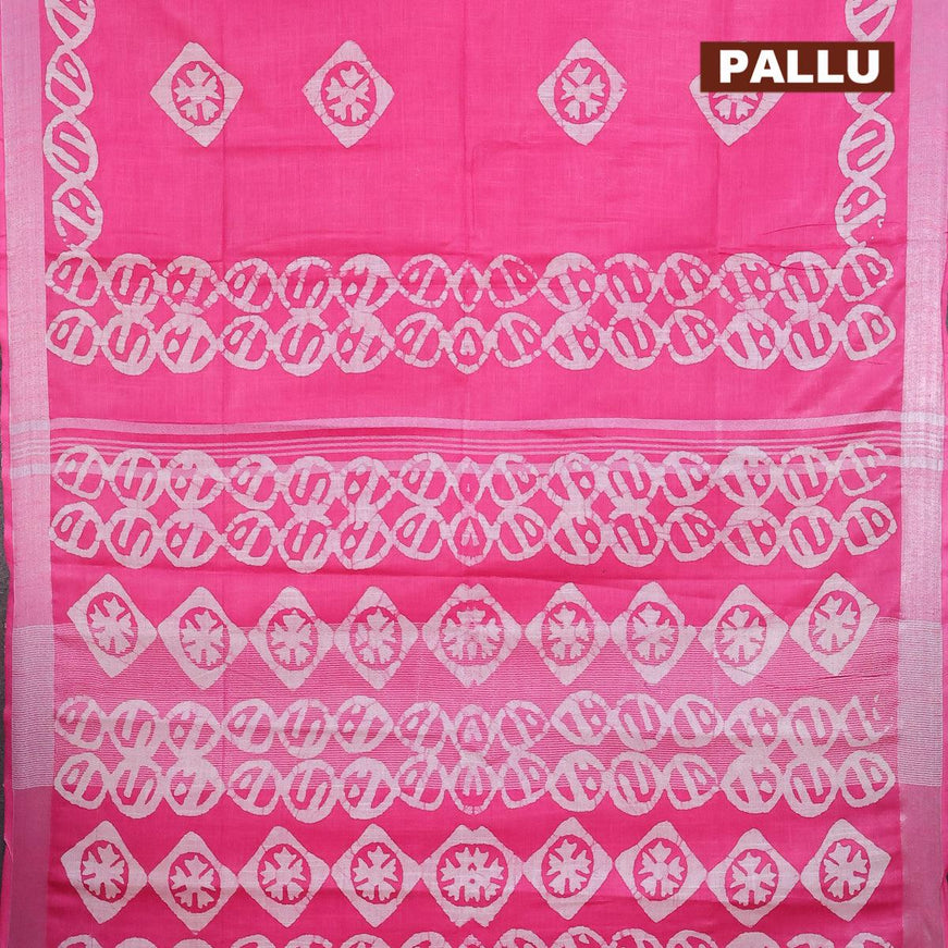 Linen cotton saree pink with allover batik butta prints and silver zari woven border