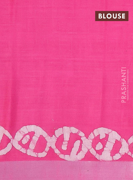 Linen cotton saree pink with allover batik butta prints and silver zari woven border