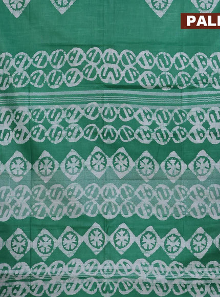 Linen cotton saree green with allover batik butta prints and silver zari woven border