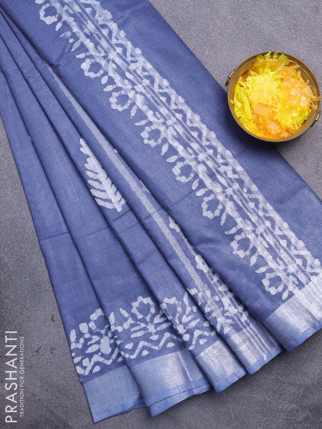 Linen cotton saree grey with allover batik butta prints and silver zari woven border