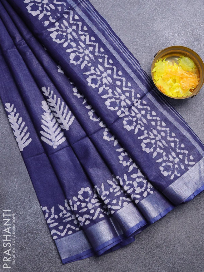 Linen cotton saree navy blue with allover batik butta prints and silver zari woven border