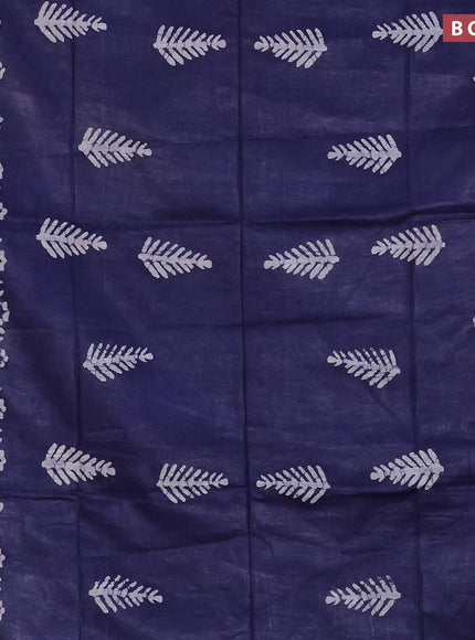 Linen cotton saree navy blue with allover batik butta prints and silver zari woven border