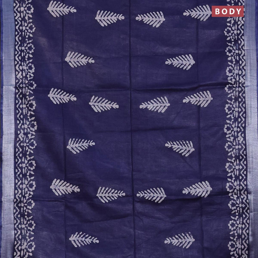 Linen cotton saree navy blue with allover batik butta prints and silver zari woven border