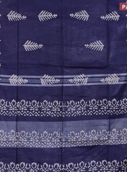 Linen cotton saree navy blue with allover batik butta prints and silver zari woven border