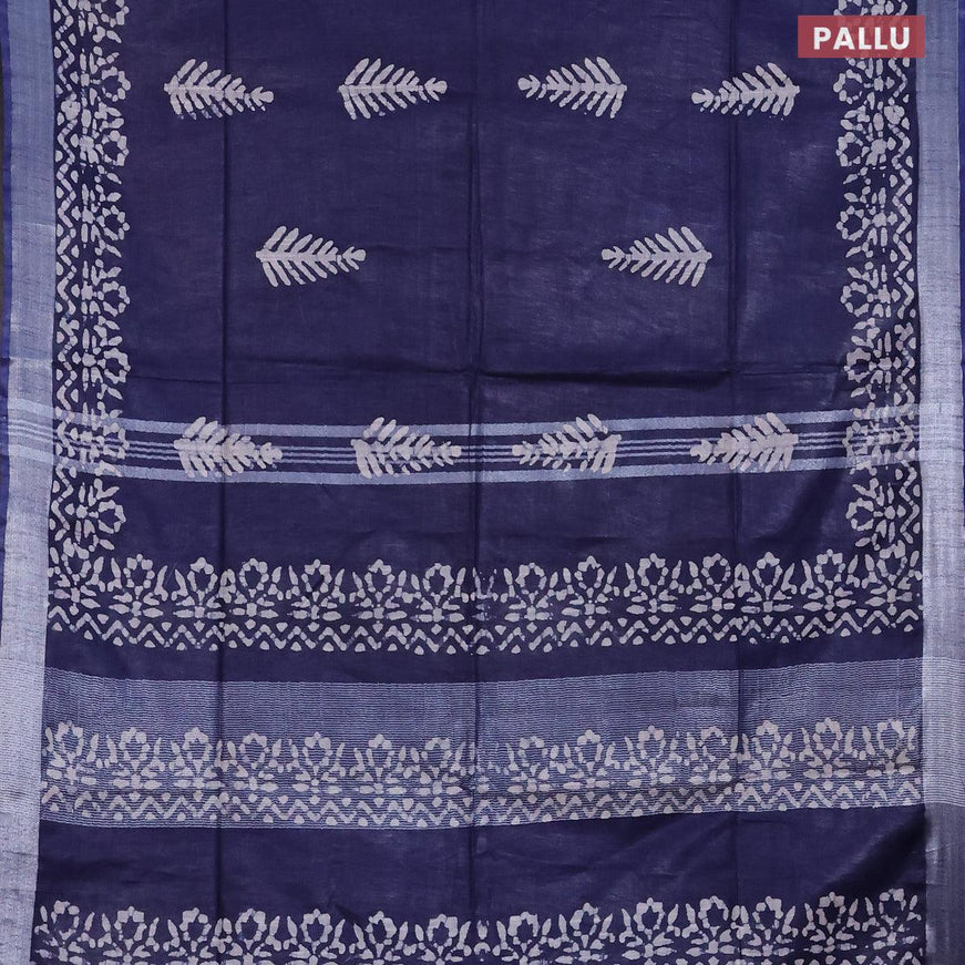 Linen cotton saree navy blue with allover batik butta prints and silver zari woven border