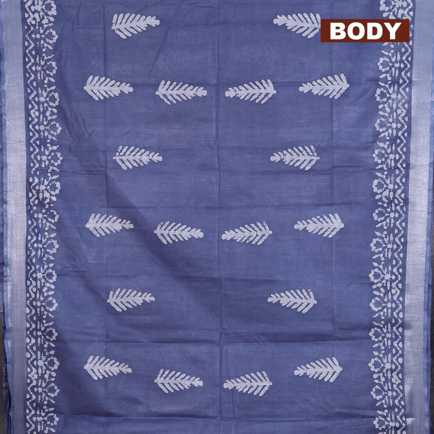 Linen cotton saree grey with allover batik butta prints and silver zari woven border