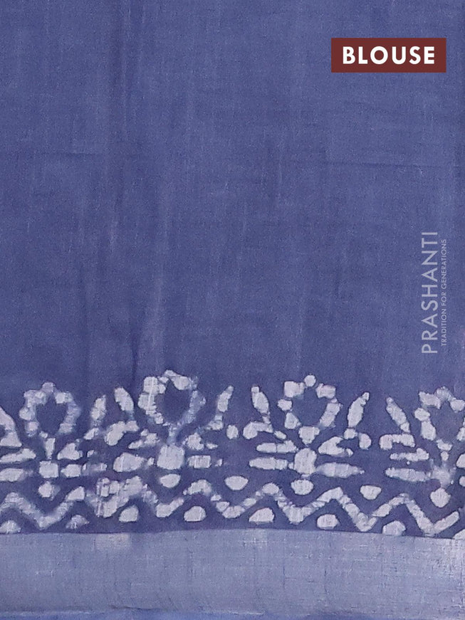 Linen cotton saree grey with allover batik butta prints and silver zari woven border