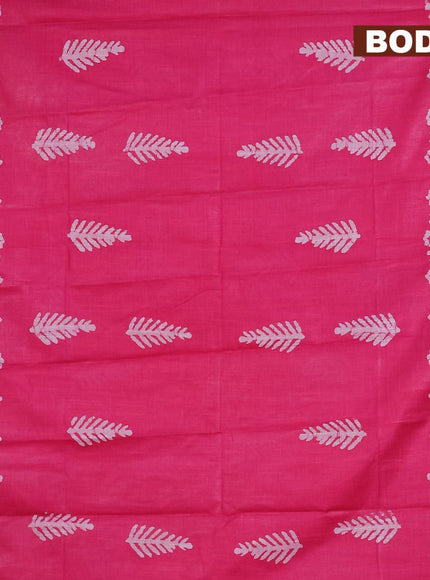 Linen cotton saree pink with allover batik butta prints and silver zari woven border